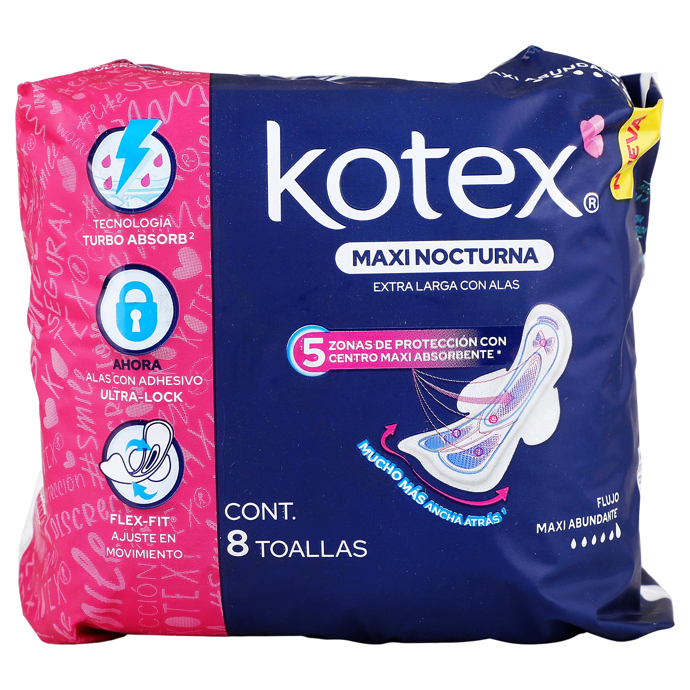 Toalla Kotex maxi nocturna con alas 8 pz
