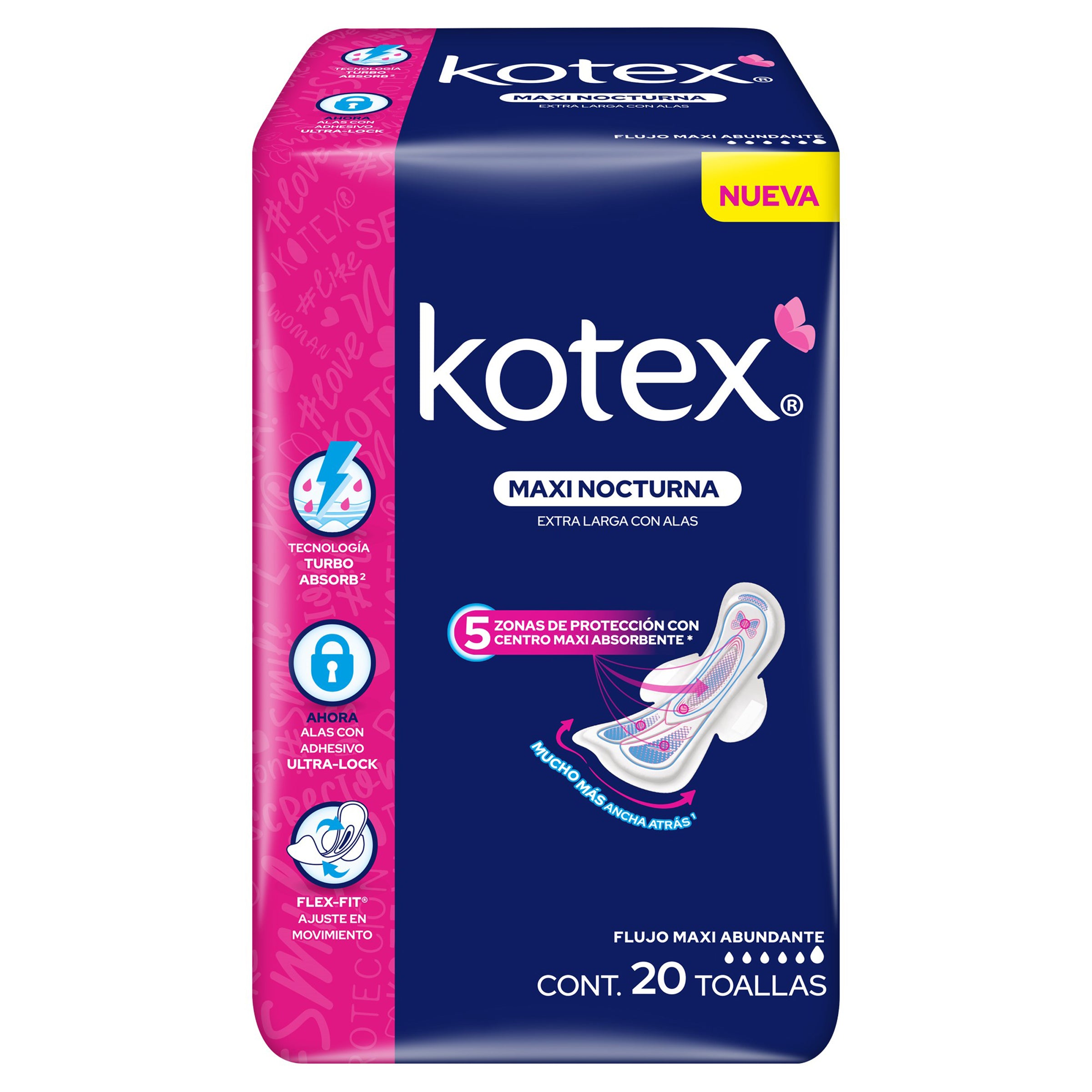 Toalla Kotex maxi nocturna con alas 20 pz